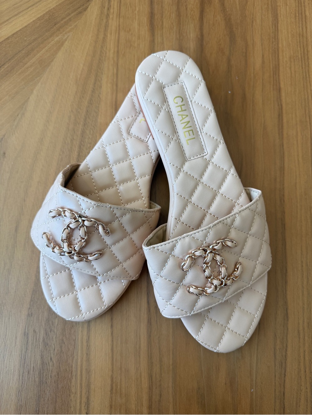 Designer inspired Quilted Slide Sandals in Light Beige with Gold Chain Logo